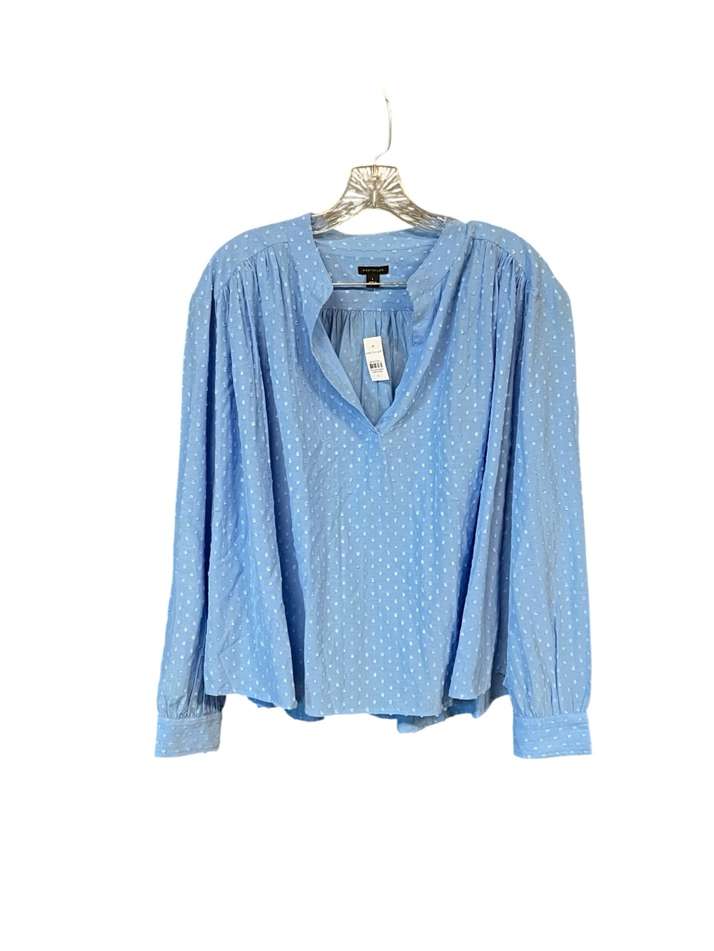 Ann Taylor Blouse Women’s L Blue Swiss Dot Long Sleeve V Neck NWT Boho